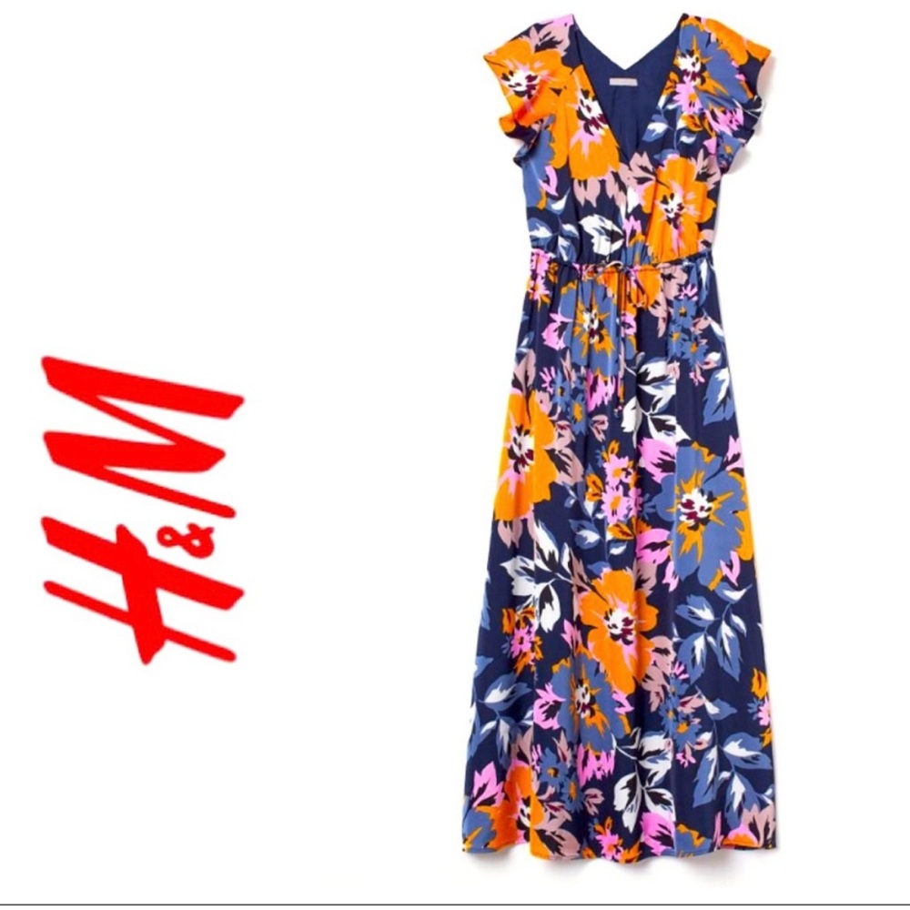 H & M  Blue Floral Butterfly Sleeve Maxi Dress Sz M Fully Lined Elastic Waist